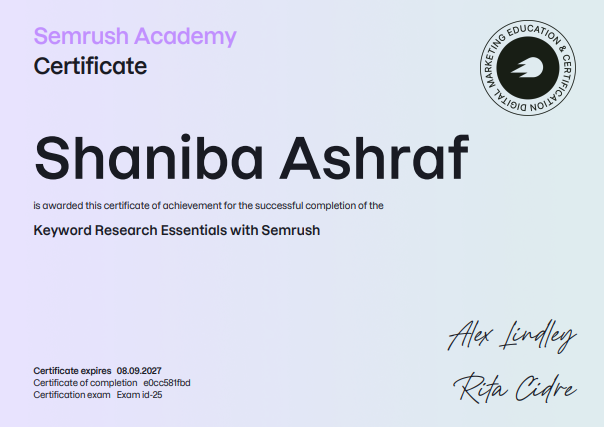Awarded to Shaniba Ashraf for successfully completing the keyword research essential from Semrush Academy.