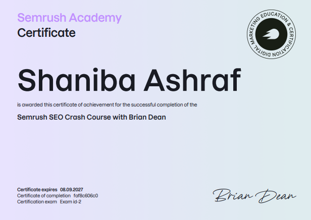 Awarded to Shaniba Ashraf for successfully completing the SEO Crash Course from Semrush Academy.